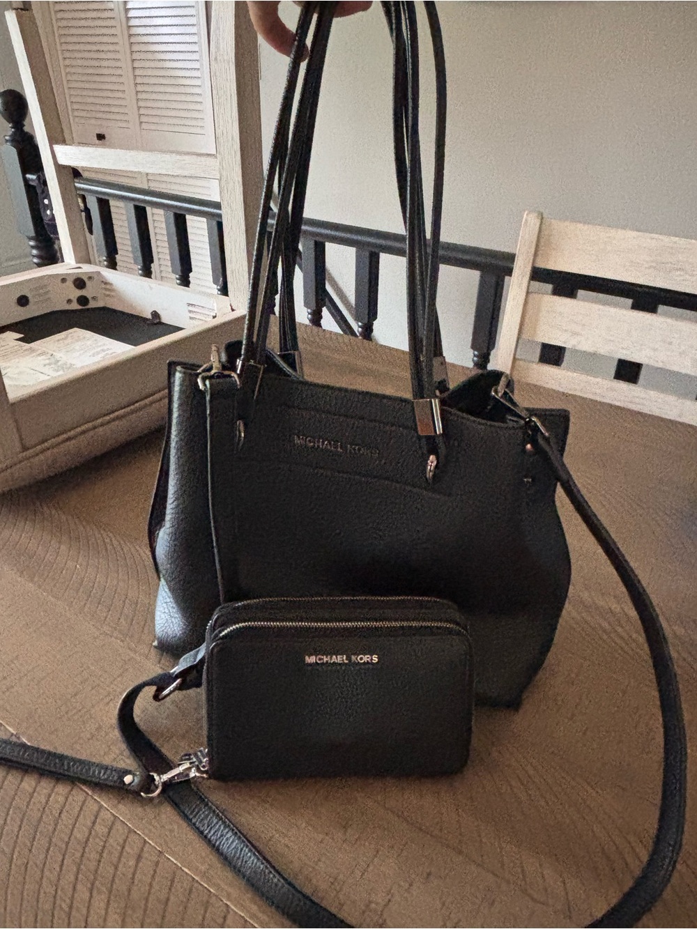 Michael Kors Black Pebbled Leather Tote with Matching large wallet purse